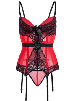 Corset Femme Lingerie Sexy en Dentelle avec Bretelles à Col Décolleté Coupe Cintrée Bicolores