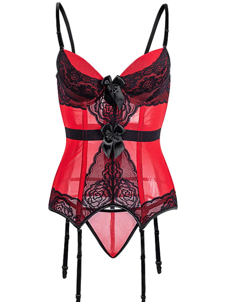 Corset Femme Lingerie Sexy en Dentelle avec Bretelles à Col Décolleté Coupe Cintrée Bicolores