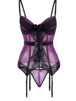 Corset Femme Lingerie Sexy en Dentelle avec Bretelles à Col Décolleté Coupe Cintrée Bicolores