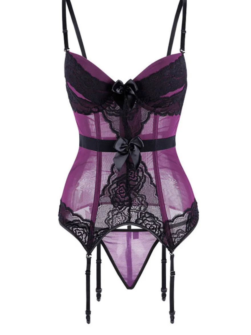 Corset Femme Lingerie Sexy en Dentelle avec Bretelles à Col Décolleté Coupe Cintrée Bicolores
