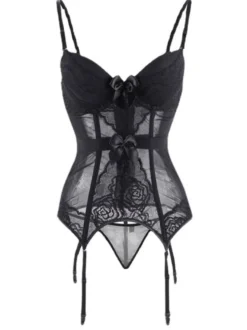 Corset Femme Lingerie Sexy en Dentelle avec Bretelles à Col Décolleté Coupe Cintrée Bicolores