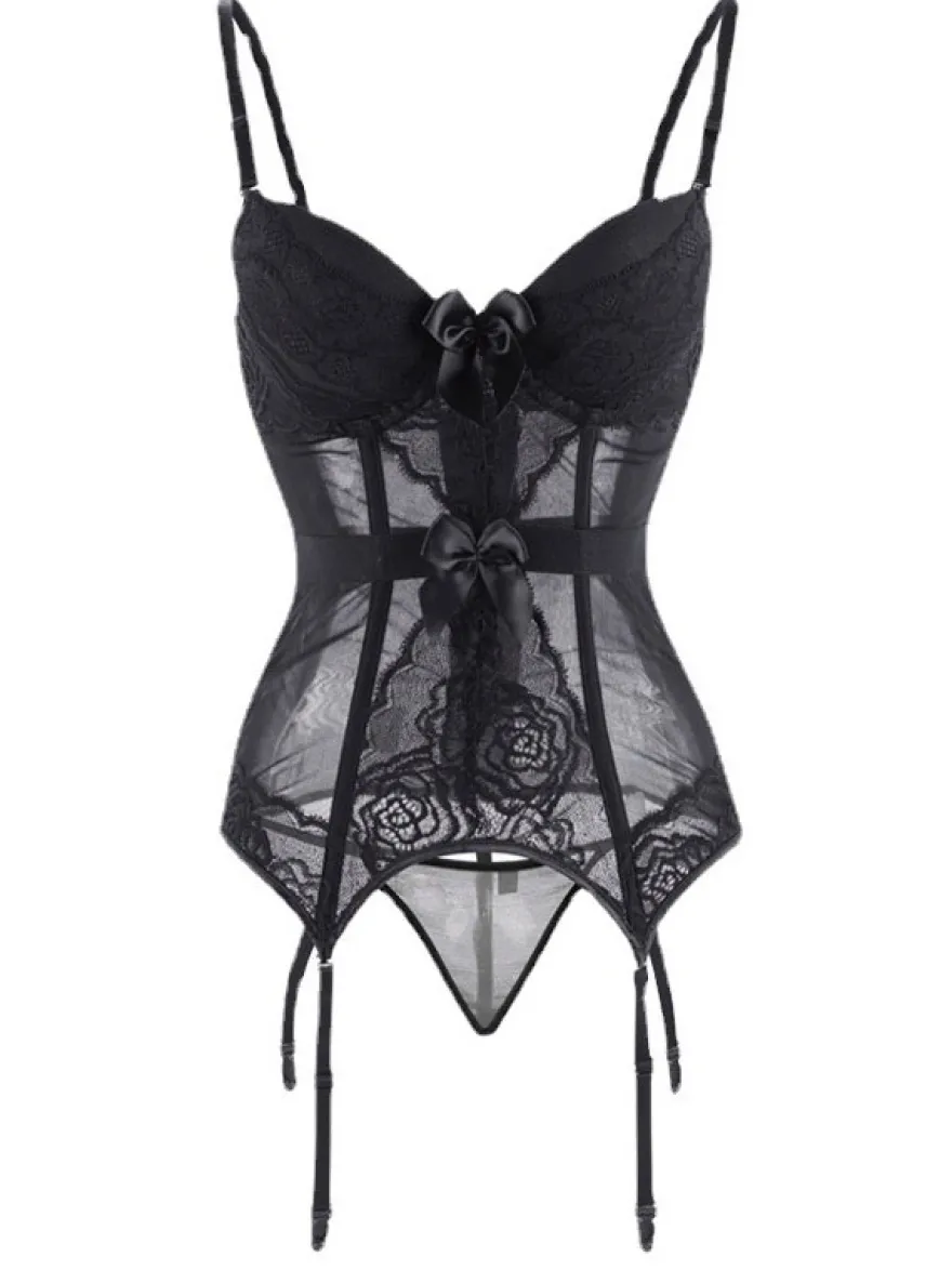 Corset Femme Lingerie Sexy en Dentelle avec Bretelles à Col Décolleté Coupe Cintrée Bicolores