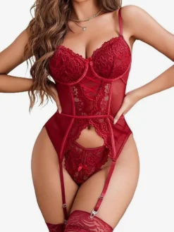 Corset lingerie lacé bustier en dentelle résille bleu marine foncé avec chaussettes hautes