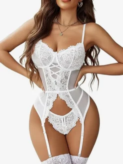 Corset lingerie lacé bustier en dentelle résille bleu marine foncé avec chaussettes hautes