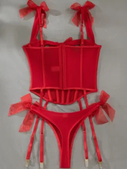 Corset rouge sexy en polyester à lacets ensemble de lingerie 2 pièces avec pantalon