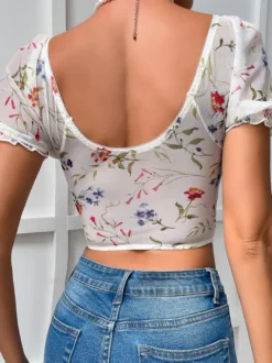 Corsets à imprimé floral blanc manches courtes lingerie décontractée du quotidien
