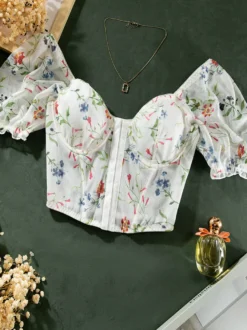 Corsets à imprimé floral blanc manches courtes lingerie décontractée du quotidien