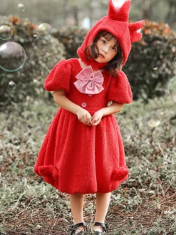Costume Carnaval de Lapin Fille Cadeau Noël Enfants Robe Bébé avec Chapeau à Capuche Déguisement Halloween Baptême
