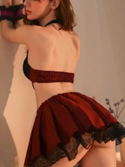Costume d'écolière sexy en fibre de polyester pour femme avec chaussettes hautes mini-jupe et soutien-gorge
