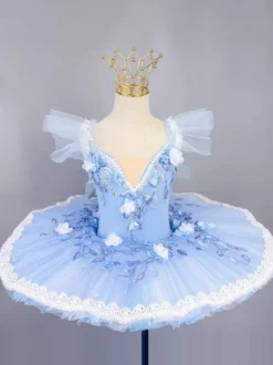 Costume de danse classique bleu ciel clair pour fille robe de ballerine brodée en polyester.