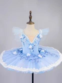 Costume de danse classique bleu ciel clair pour fille robe de ballerine brodée en polyester.
