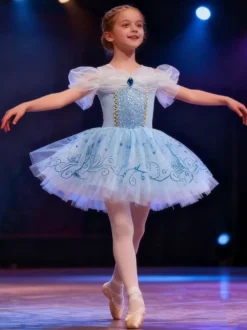 Costume de danse classique bleu ciel clair robe de ballerine à épaules dénudées en polyester