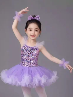 Costume de danse classique pour fille robe de ballerine violette à paillettes en polyester.