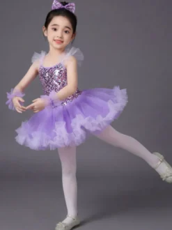 Costume de danse classique pour fille robe de ballerine violette à paillettes en polyester.