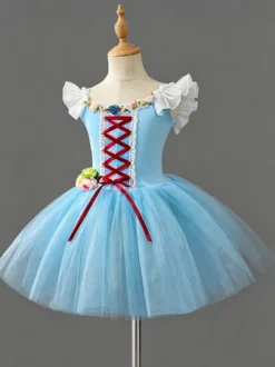 Costume de danse classique robe de ballerine rose en dentelle à bandage pour fille en polyester tenue de spectacle