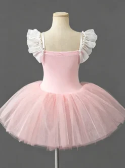 Costume de danse classique robe de ballerine rose en dentelle à bandage pour fille en polyester tenue de spectacle