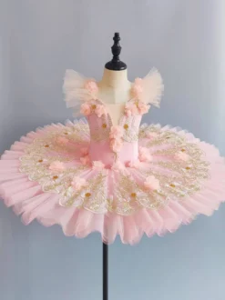 Costume de danse classique robe de ballerine rose pour fille avec application de dentelle florale en polyester.
