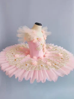 Costume de danse classique robe de ballerine rose pour fille avec application de dentelle florale en polyester.
