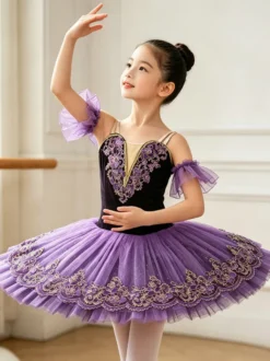 Costume de danse classique violet pour fille robe de ballerine brodée en polyester.