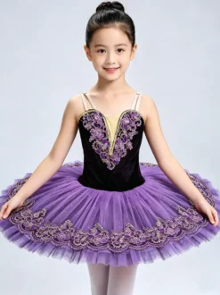 Costume de danse classique violet pour fille robe de ballerine brodée en polyester.