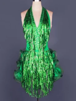 Costume de danse danse latine Costume jaune paillettes franges Halter volants sans manches robe de la femme Déguisements Halloween