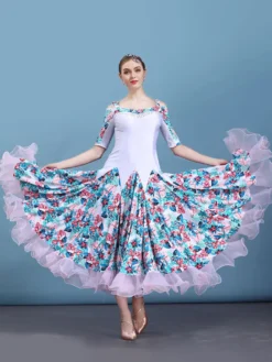 Costume de danse de salle de bal blanc imprimé floral demi-manches femmes formation robes de danse Déguisements Halloween
