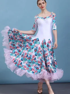 Costume de danse de salle de bal blanc imprimé floral demi-manches femmes formation robes de danse Déguisements Halloween