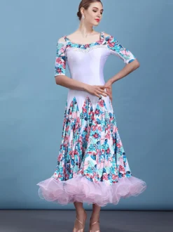 Costume de danse de salle de bal blanc imprimé floral demi-manches femmes formation robes de danse Déguisements Halloween