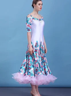 Costume de danse de salle de bal blanc imprimé floral demi-manches femmes formation robes de danse Déguisements Halloween