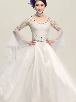 Costume de danse de salon danse de salon robe Tulle blanc Illusion Bell Long manchon Déguisements Halloween