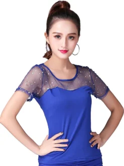 Costume de danse de salon haut noir à manches courtes illusion perlé formation T Shirt vêtements de danse Déguisements Halloween