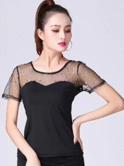 Costume de danse de salon haut noir à manches courtes illusion perlé formation T Shirt vêtements de danse Déguisements Halloween