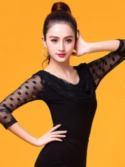 Costume de danse de salon Top noir femmes à manches longues Polka Dot Cowl Neck Training vêtements de danse Déguisements Halloween
