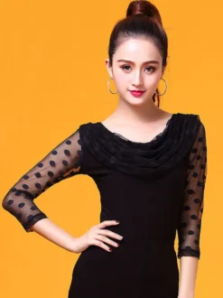 Costume de danse de salon Top noir femmes à manches longues Polka Dot Cowl Neck Training vêtements de danse Déguisements Halloween