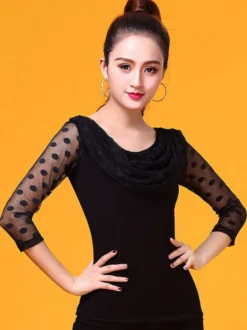 Costume de danse de salon Top noir femmes à manches longues Polka Dot Cowl Neck Training vêtements de danse Déguisements Halloween