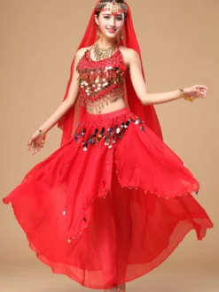 Costume de Danse de Ventre Rouge Orientale en Chiffon Cosplay Femme Déguisements Halloween