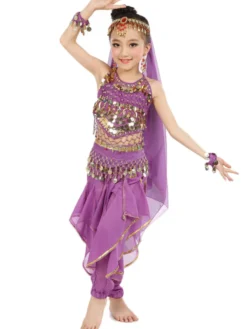Costume de danse du ventre enfants mousseline jaune Bollywood Costumes de danse indienne Déguisements HalloweenRobe de Princesse Fille Déguisement