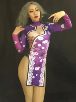 Costume de danse jazz imprimé femmes manches longues Split Cutout robes sexy Déguisements Halloween