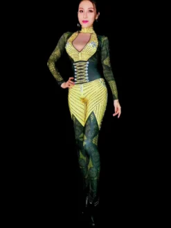 Costume De Danse Jazz Jaune Manches Longues Col En V Sexy Pour Femmes Déguisements Halloween