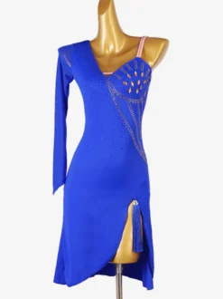 Costume De Danse Latine Bleu Une Épaule Nu Manche Longue Robe Fendue Lycra Spandex Pour Femme Noire Costume De Danse Latine Sexy