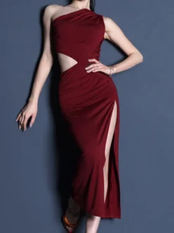 Costume de danse latine bordeaux robe en polyester pour femme sexy fendue sur le devant costume de danseuse latine