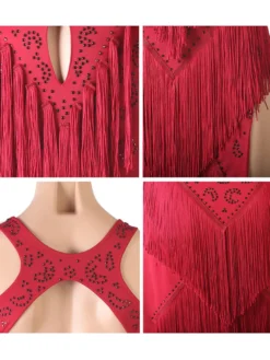 Costume de danse latine Bourgogne Femme Polyester Robe Dossier Sexy Frange Strass Strass Latin Dancer Dancing Porter