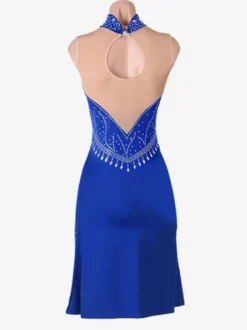 Costume de danse latine Costume Blue Women's Strass High-Slit Bullon Sexy Polyester Robe De Danse Costume