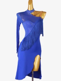 Costume De Danse Latine Manche Longue Une Épaule Nue Bleu Royal Femmes Lycra Spandex Robe Dos Nu Élégant Strass Frange