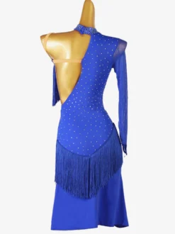 Costume De Danse Latine Manche Longue Une Épaule Nue Bleu Royal Femmes Lycra Spandex Robe Dos Nu Élégant Strass Frange