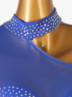 Costume De Danse Latine Manche Longue Une Épaule Nue Bleu Royal Femmes Lycra Spandex Robe Dos Nu Élégant Strass Frange