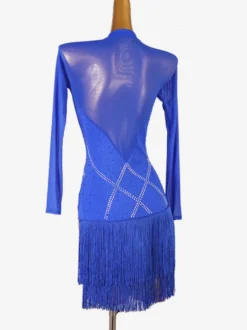 Costume De Danse Latine Manches Longues Robe Fendue Robe Lycra Spandex Bleu Royal Pour Femmes Vêtements De Danse