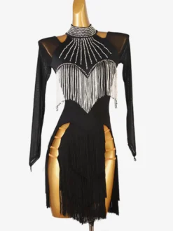 Costume de danse latine noir femme fendu devant paillettes Lycra Spandex robe Costume de danse