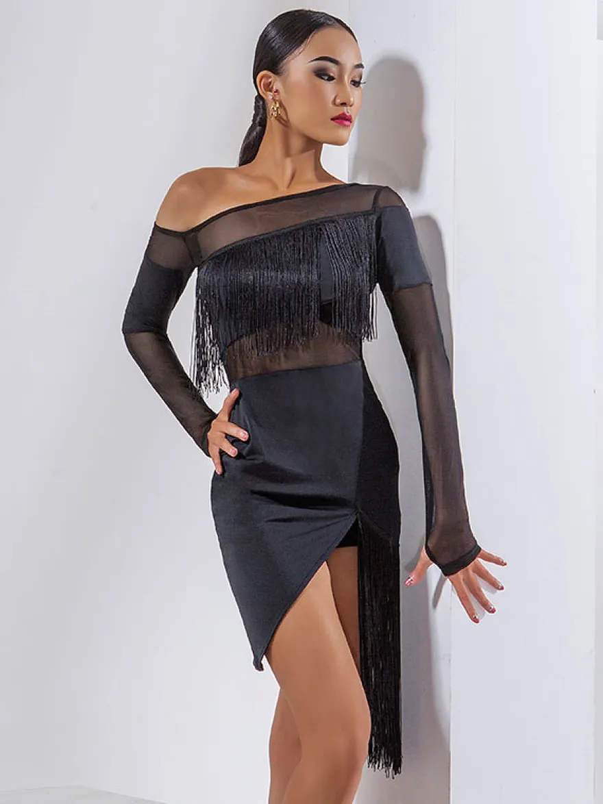 Costume De Danse Latine Noir Femmes Ensemble À Franges Robe Sexy Frange
