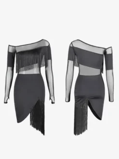 Costume De Danse Latine Noir Femmes Ensemble À Franges Robe Sexy Frange